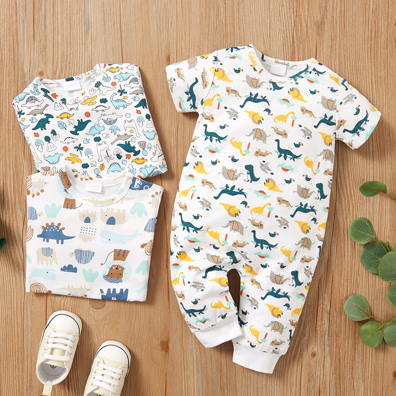 Baby Dinosaur and Elephant Print Short-sleeve Jumpsuit