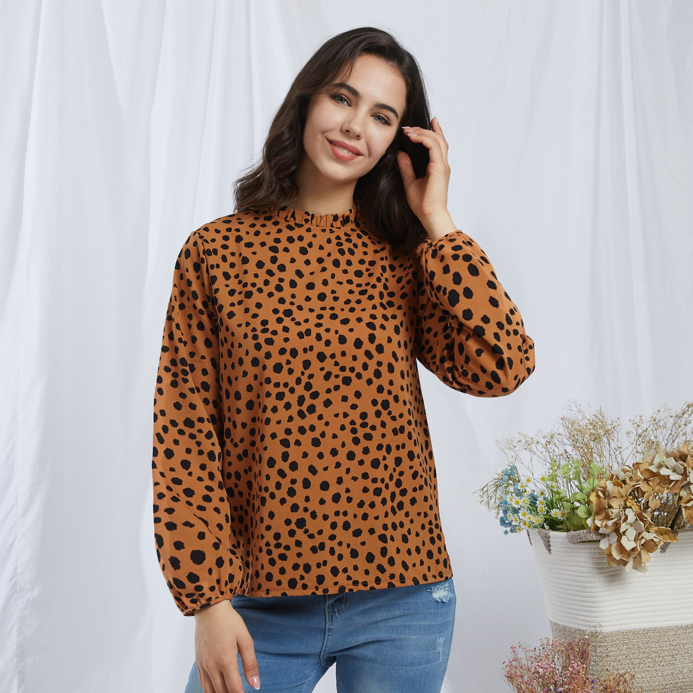 Elegant Print Stand collar long sleeve Shirt