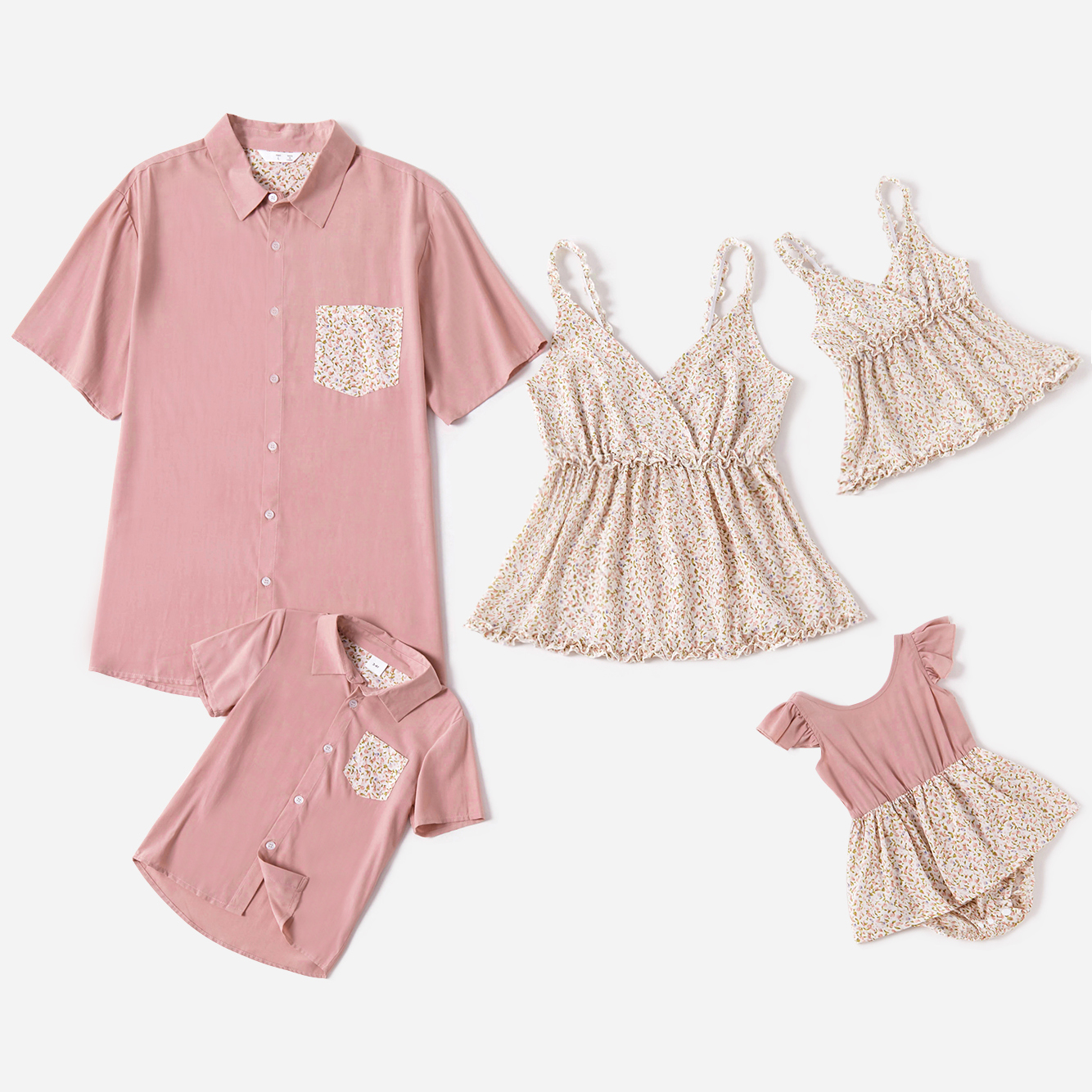 Floral Print Family Matching Short Sleeve Tops(Sling Tops for Mom and Girl ; Pink Short SLeeve Shirts for Dad and Boy)
Floral Print Family Matching Short Sleeve Tops(Sling Tops for Mom and Girl ; Pink Short SLeeve Shirts for Dad and Boy)