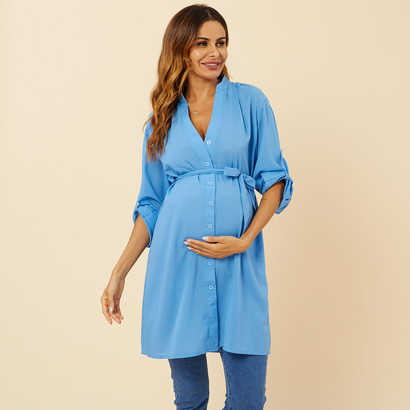 Maternity casual Print Stand collar Shirt Sleeveless Solid Dress 
Maternity casual Print Stand collar Shirt Sleeveless Solid Dress