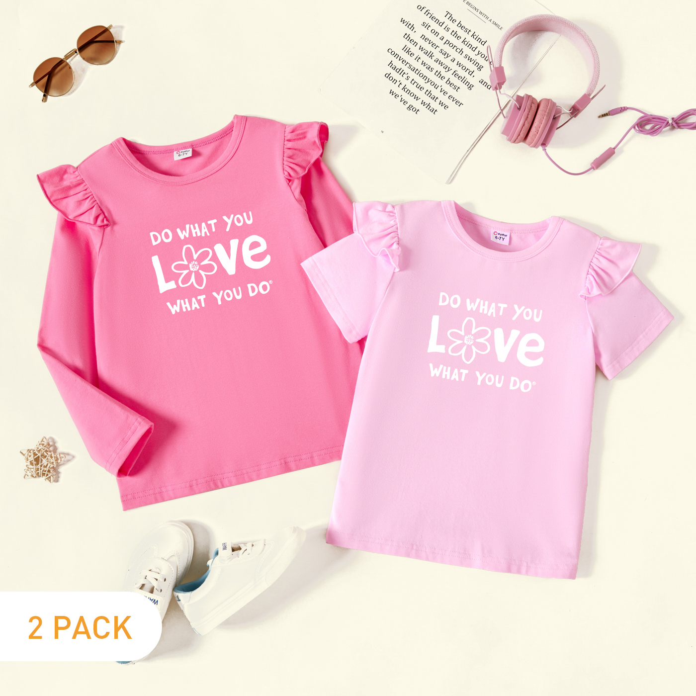 2-Pack Kids Girl Graphic Flutter-sleeve Tee Set