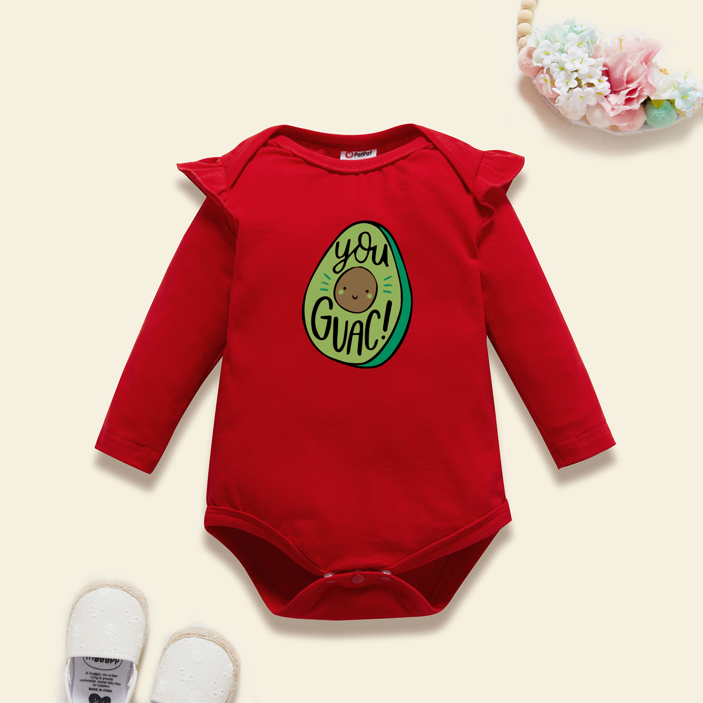 Baby Graphic Flutter-sleeve Red Long-sleeve Romper