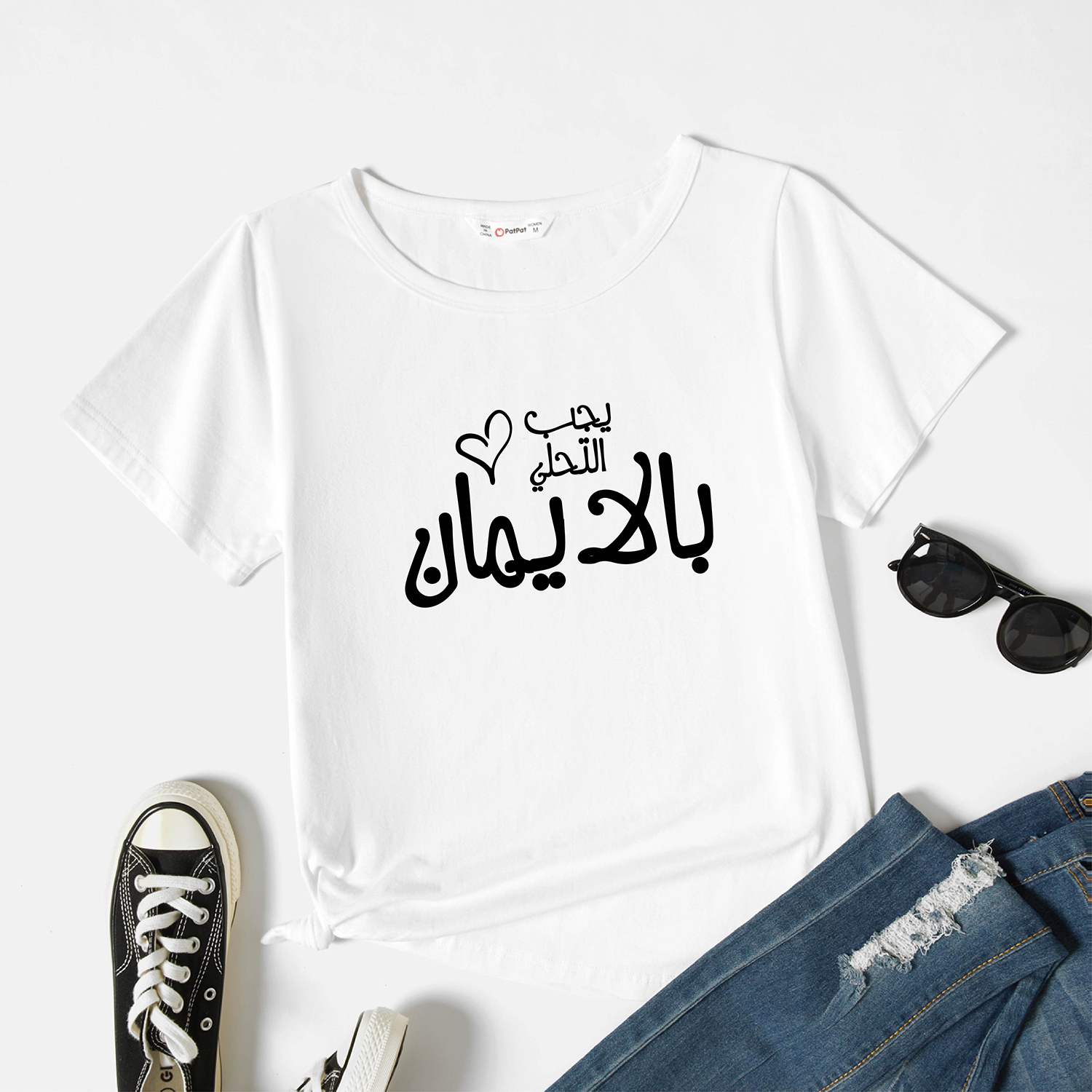 Graphic White Short-sleeve Round-collar Tee for Women