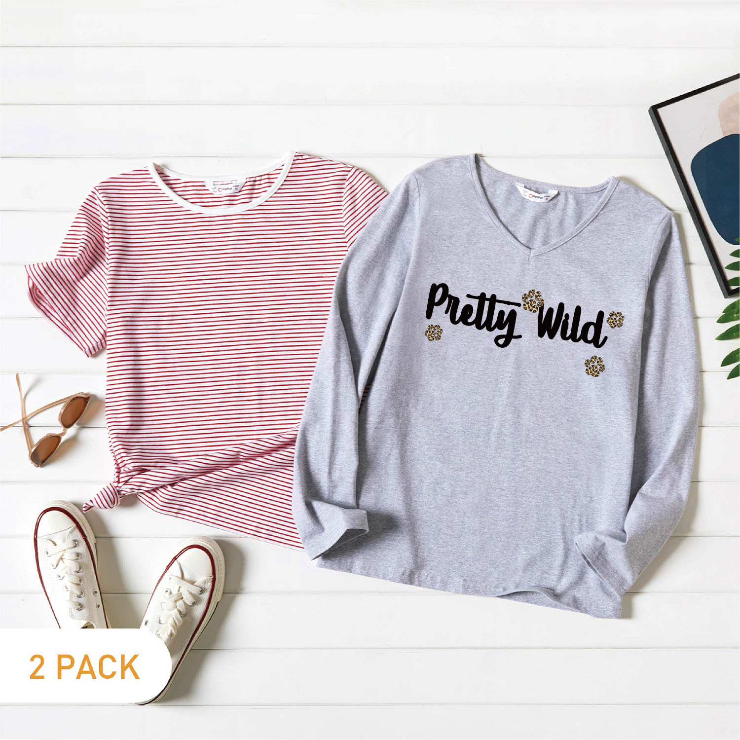 2-Pack Women Graphic Footprint and Letter Print V Neck Long-sleeve Tee & Striped Short-sleeve Tee Set
2-Pack Women Graphic Footprint and Letter Print V Neck Long-sleeve Tee & Striped Short-sleeve Tee Set