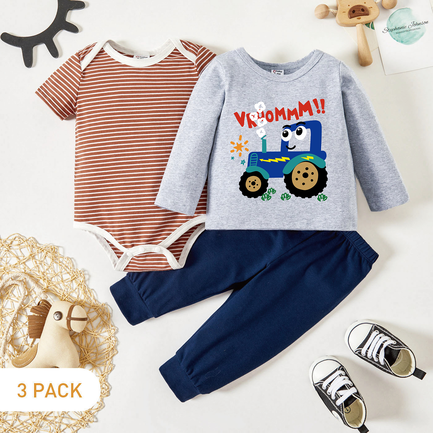 3-Pack Baby Graphic Tractor and Letter Print Long-sleeve Tee & Striped Short-sleeve Romper & Pants Set
3-Pack Baby Graphic Tractor and Letter Print Long-sleeve Tee & Striped Short-sleeve Romper & Pants Set