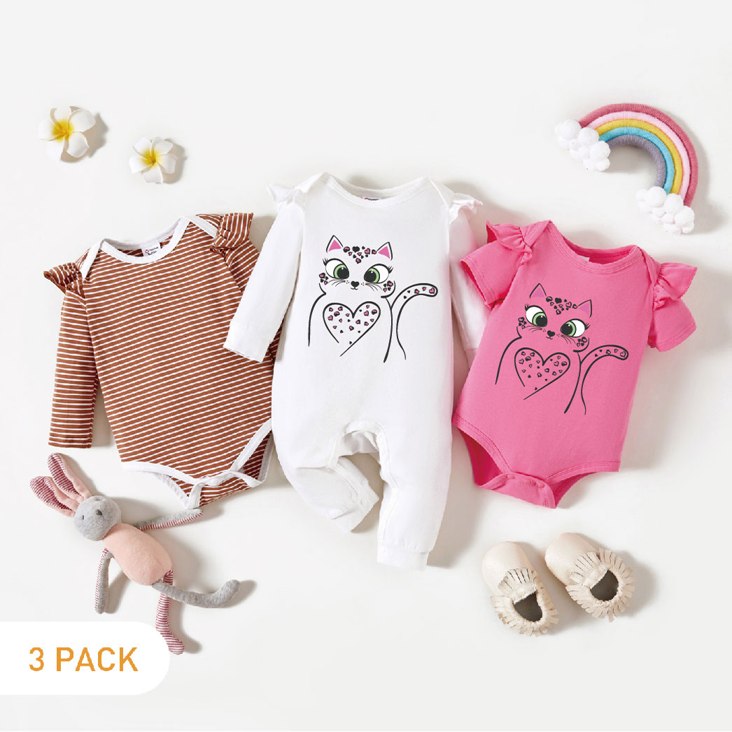 3-Pack Baby Girl Graphic Cat and Heart-shaped Print Striped Ruffled Romper Jumpsuit Set
3-Pack Baby Girl Graphic Cat and Heart-shaped Print Striped Ruffled Romper Jumpsuit Set