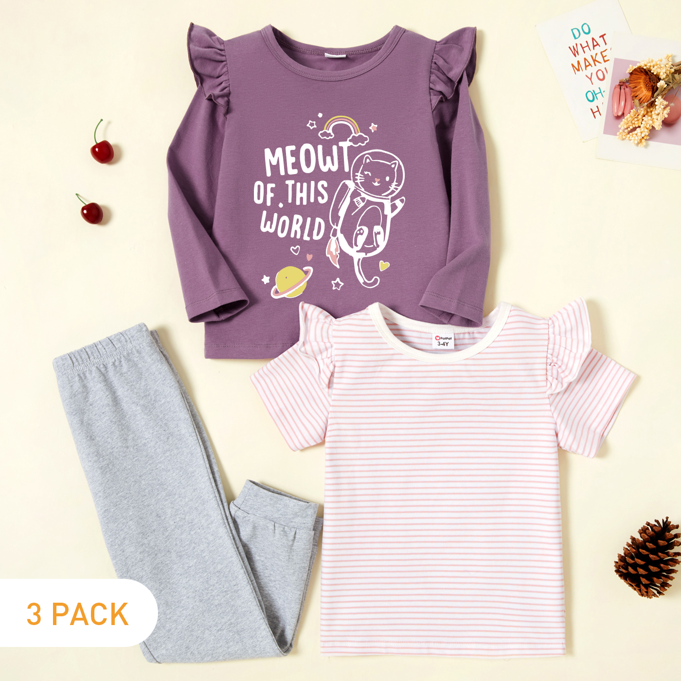 3-Pack Toddler Girl Galaxy and Astronaut and Letter Print Ruffled Long-sleeve Tee & Striped Ruffled Short-sleeve Tee & Pants Set
3-Pack Toddler Girl Galaxy and Astronaut and Letter Print Ruffled Long-sleeve Tee & Striped Ruffled Short-sleeve Tee & Pants Set
