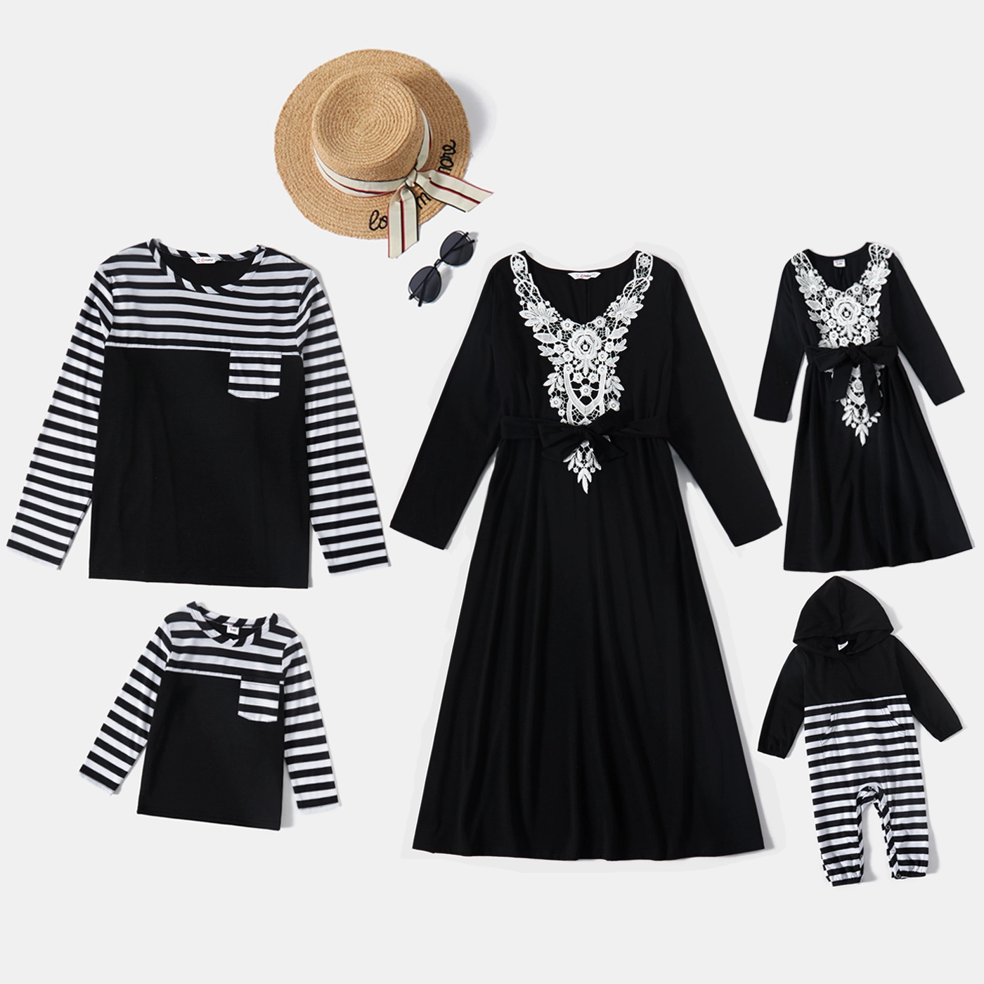 Family Matching Lace Splicing Black V Neck Long-sleeve Belted Midi Dresses and Striped T-shirts Sets
Family Matching Lace Splicing Black V Neck Long-sleeve Belted Midi Dresses and Striped T-shirts Sets
