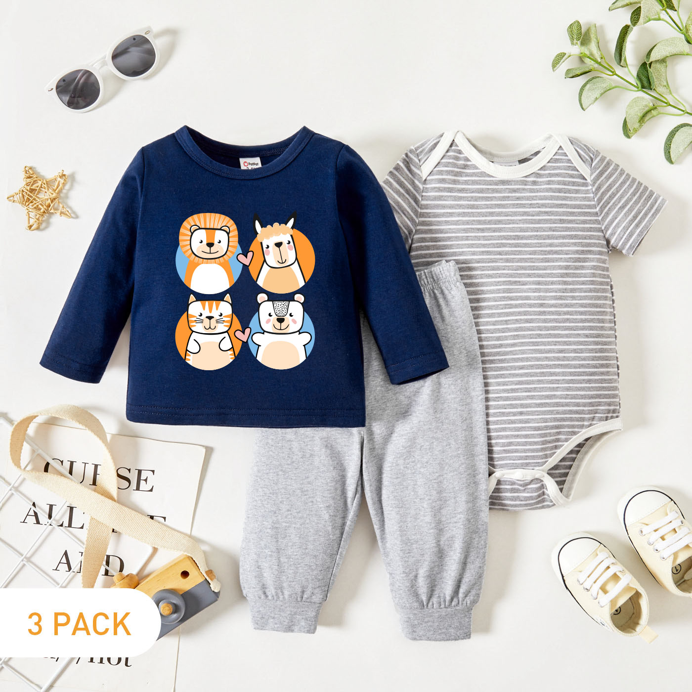 3-Pack Baby Graphics Animals and Heart-shaped Print Long-sleeve Tee & Striped Short-sleeve Romper & Pants Set
3-Pack Baby Graphics Animals and Heart-shaped Print Long-sleeve Tee & Striped Short-sleeve Romper & Pants Set