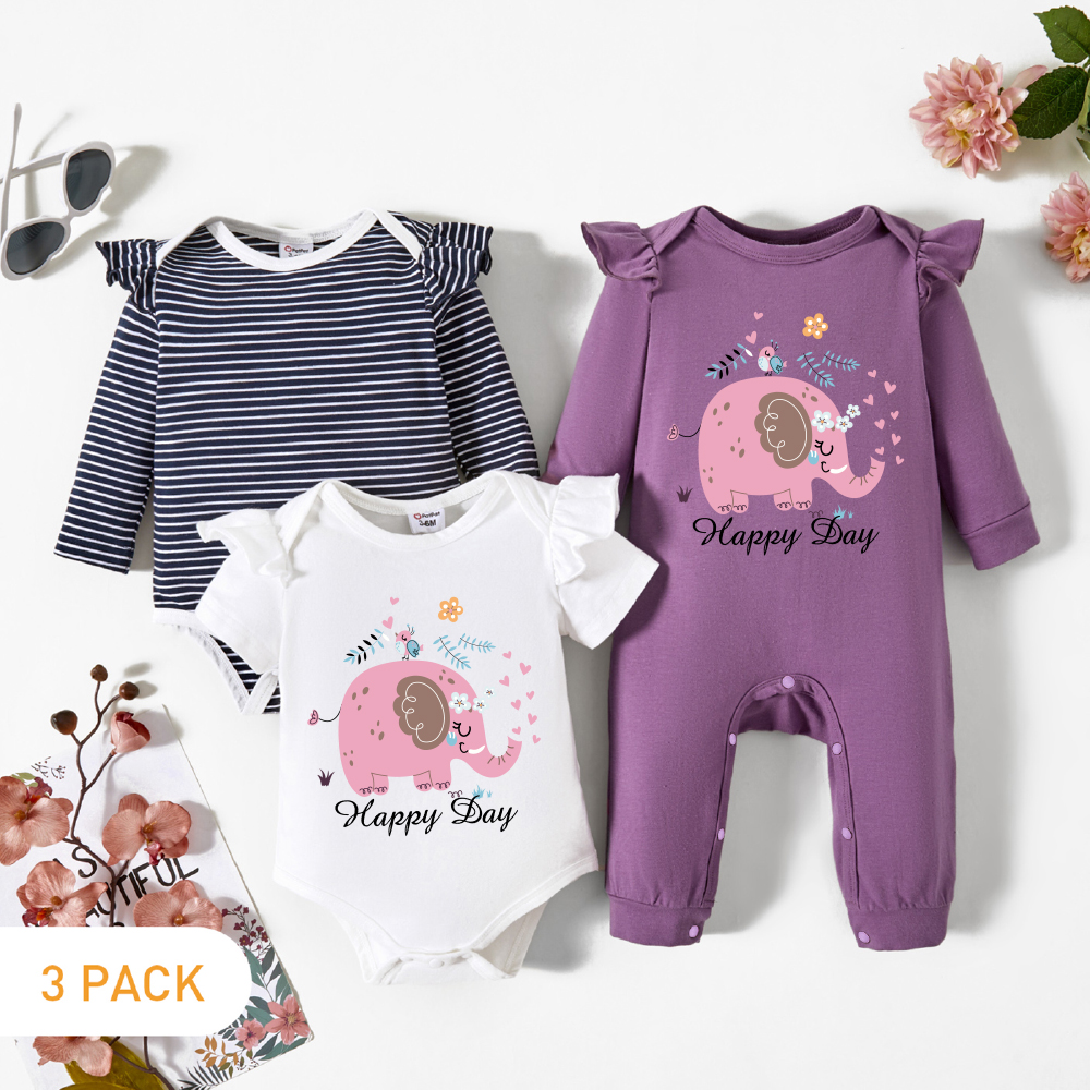 3-Pack Baby Girl Graphic Elephant and Heart and Letter Print Striped Ruffled Romper Jumpsuit Set
3-Pack Baby Girl Graphic Elephant and Heart and Letter Print Striped Ruffled Romper Jumpsuit Set