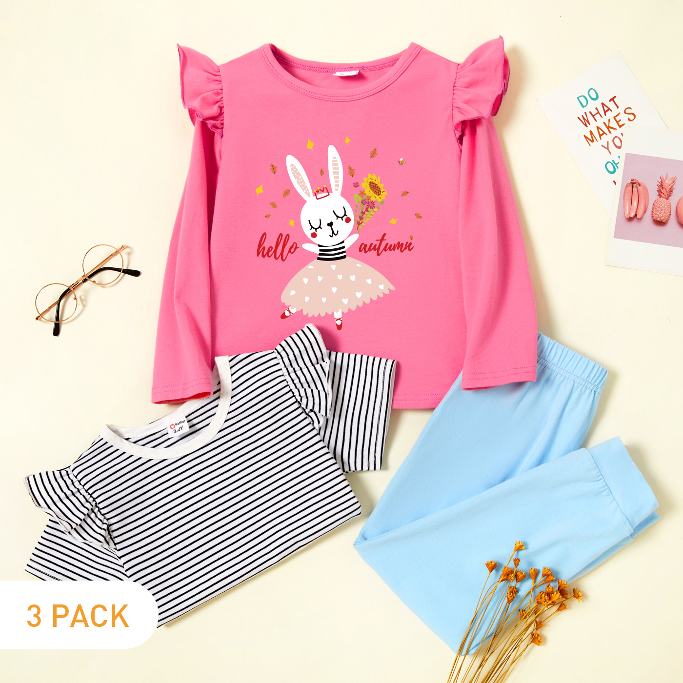 3-Pack Toddler Girl Graphics Letter and Rabbit and Floral Print Ruffle Long-sleeve Tee & Striped Ruffle Short-sleeve Tee & Pants Set
3-Pack Toddler Girl Graphics Letter and Rabbit and Floral Print Ruffle Long-sleeve Tee & Striped Ruffle Short-sleeve Tee & Pants Set