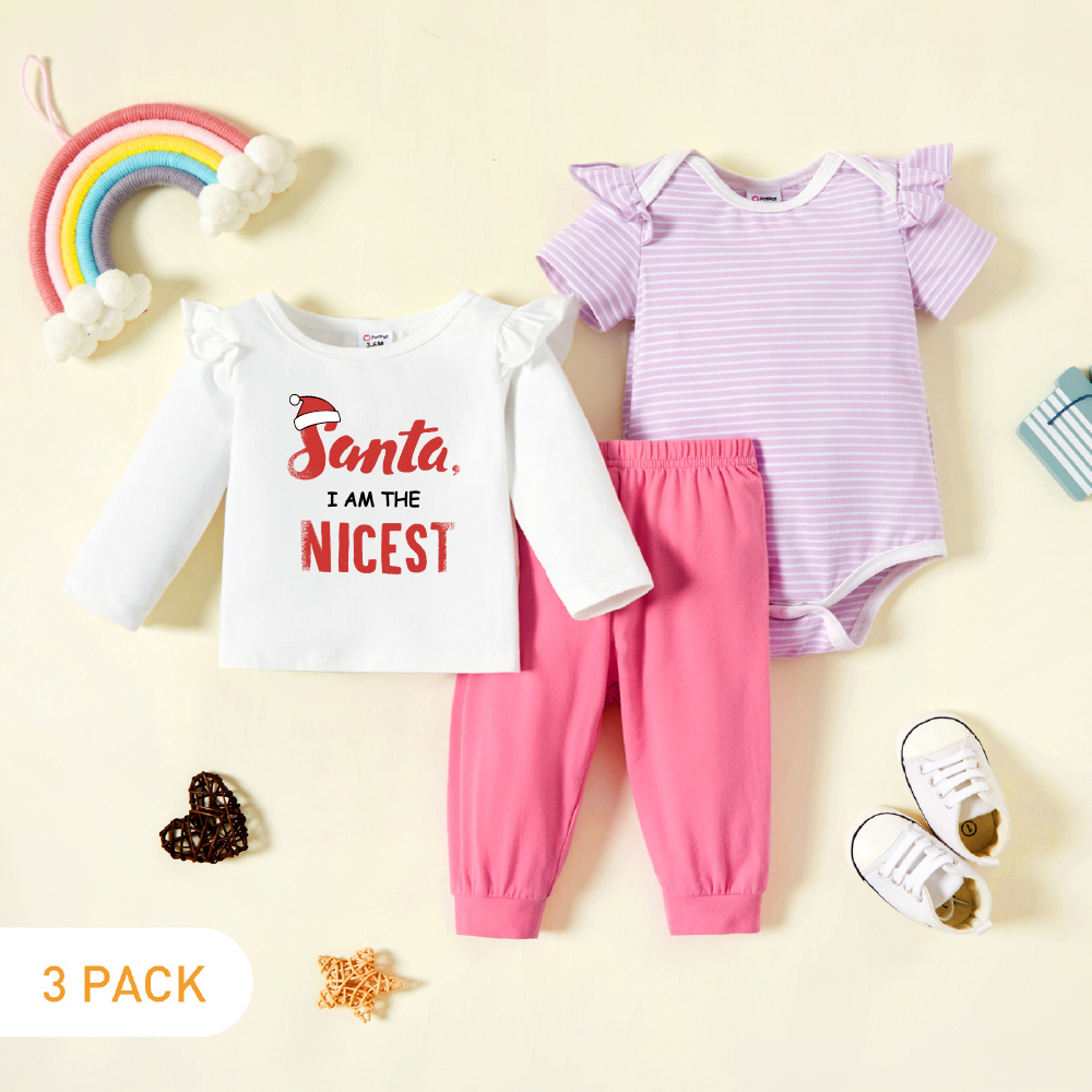 Christmas 3-Pack Baby Girl Graphic Christmas Hat and Letter Print Striped Ruffled Romper Tee Pants Set
Christmas 3-Pack Baby Girl Graphic Christmas Hat and Letter Print Striped Ruffled Romper Tee Pants Set