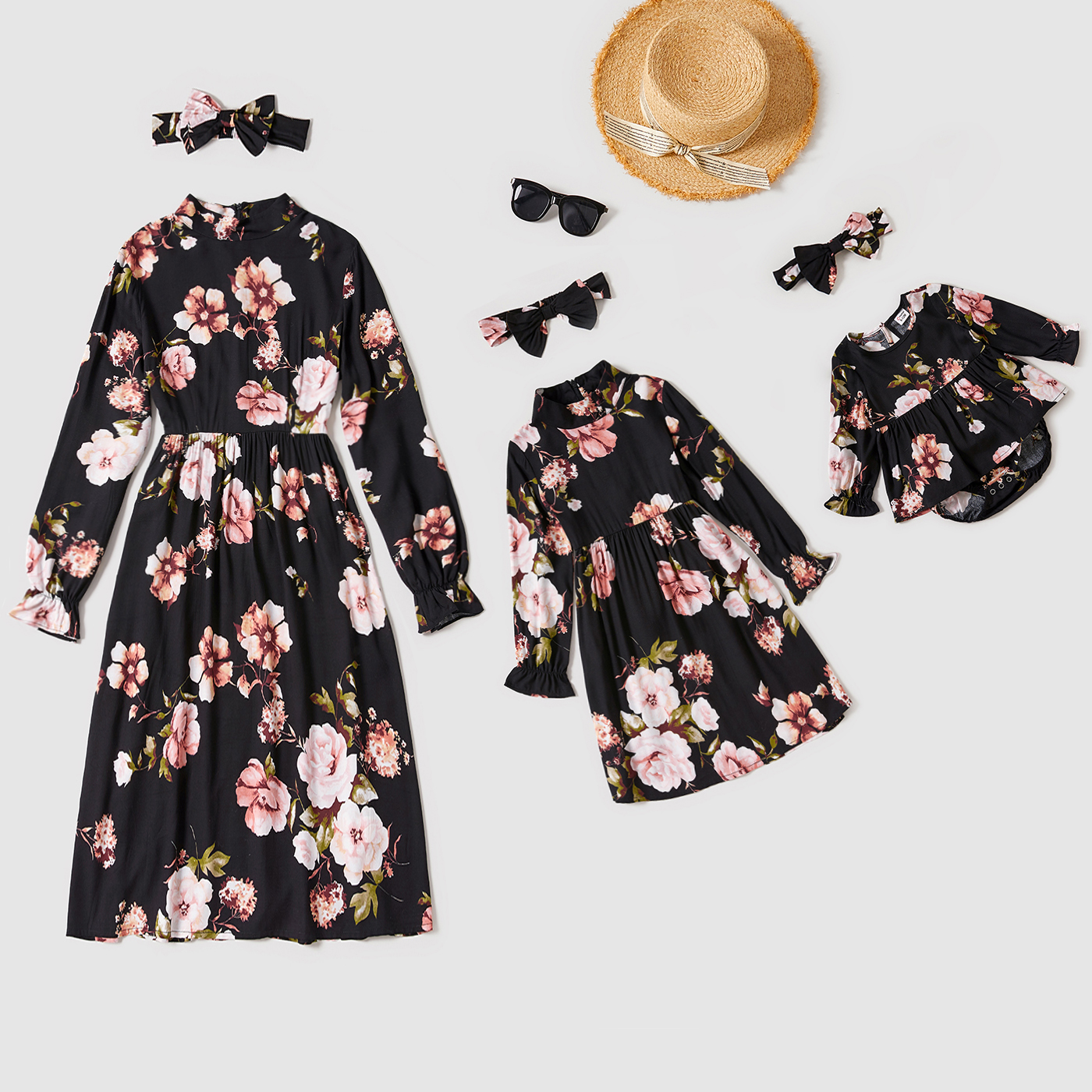 All Over Floral Print Black Stand Collar Ruffle Long-sleeve Dress for Mom and Me