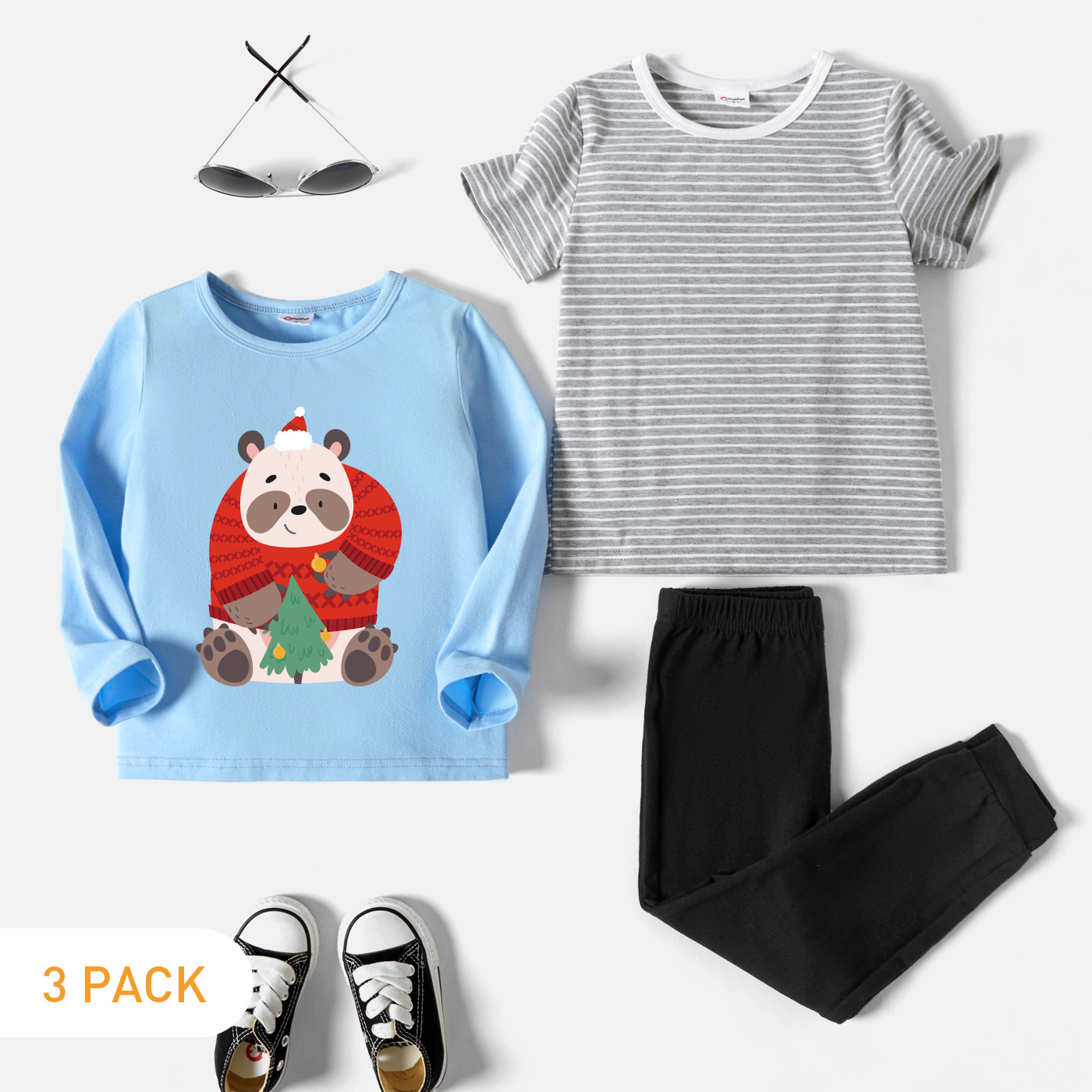 Christmas 3-Pack Toddler Graphic Panda and Christmas Tree Print Long-sleeve Tee & Striped Short-sleeve Tee & Pants Set
Christmas 3-Pack Toddler Graphic Panda and Christmas Tree Print Long-sleeve Tee & Striped Short-sleeve Tee & Pants Set