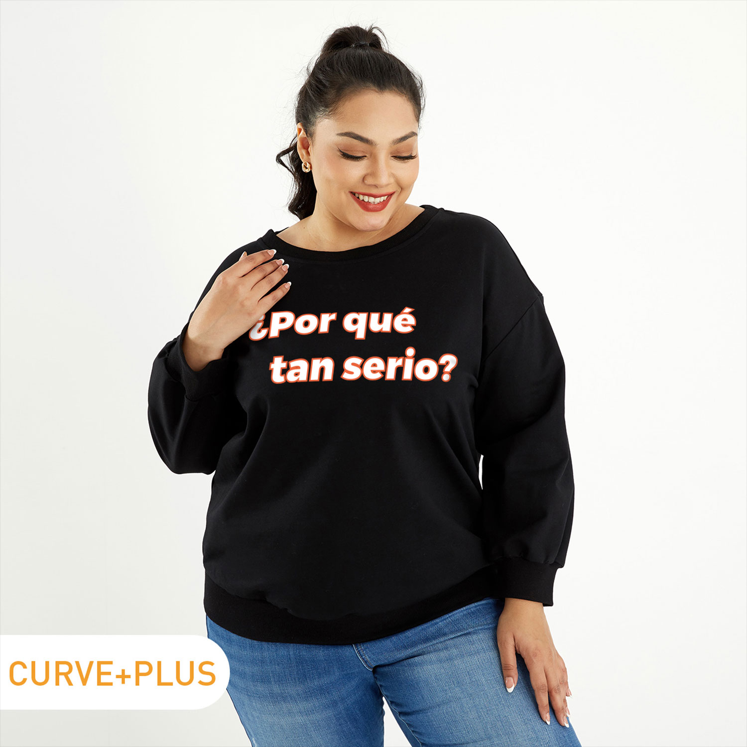 Women Plus Size Graphic Letter Print Round Neck Long-sleeve Pullover
