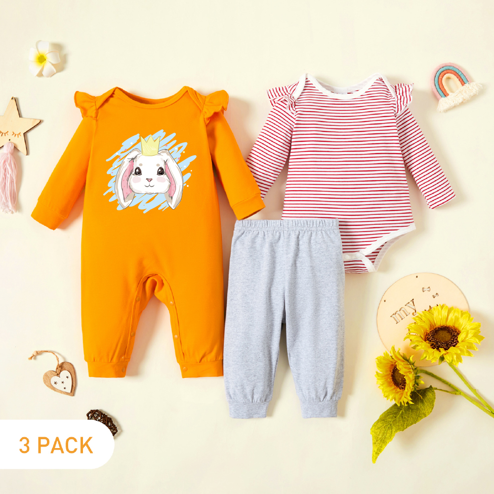 3-Pack Baby Graphic & Striped Ruffled Romper Jumpsuit Pants Set
3-Pack Baby Graphic & Striped Ruffled Romper Jumpsuit Pants Set