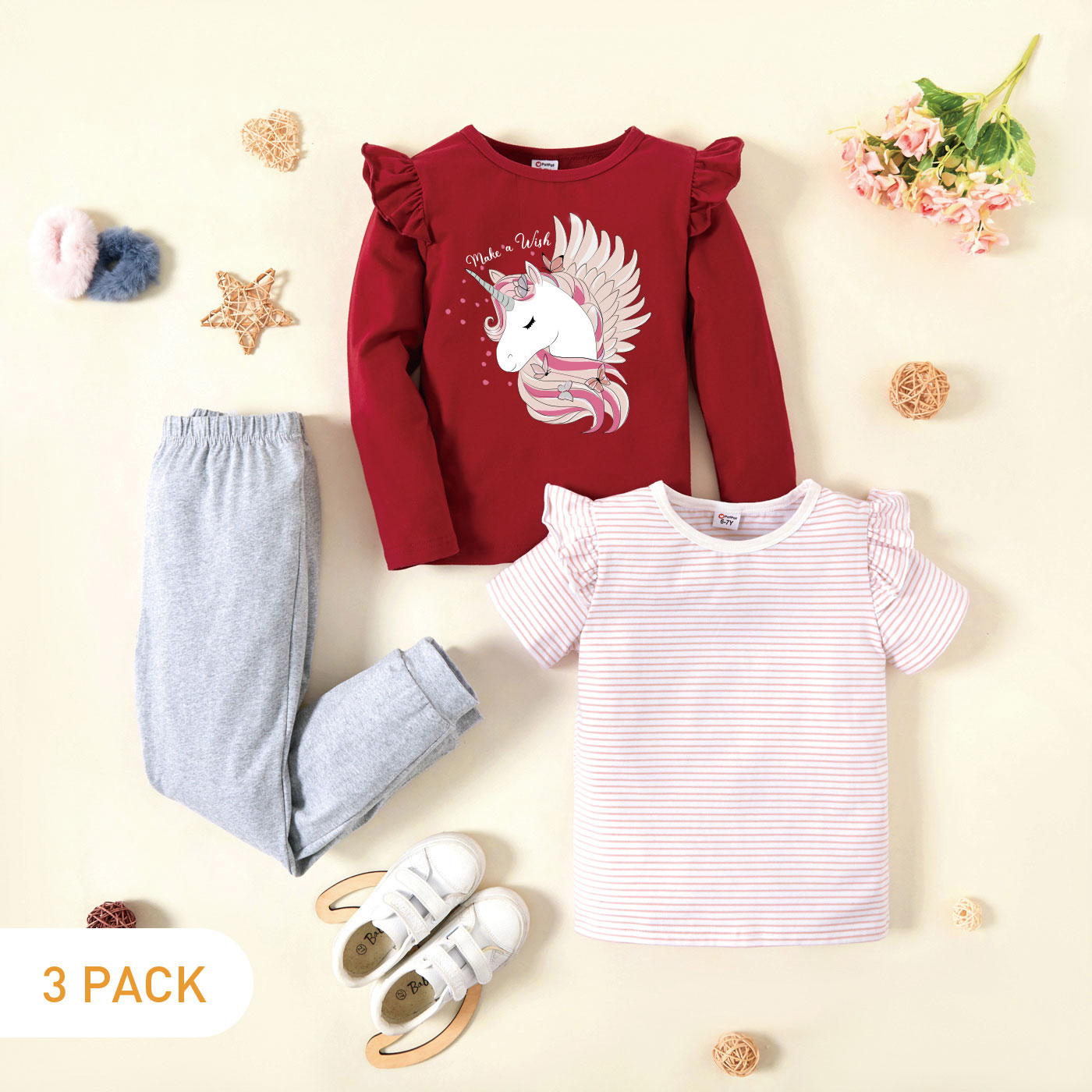 3-Pack Kid Girl Graphic Unicorn and Letter Print Ruffled Long-sleeve Tee & Striped Ruffled Short-sleeve Tee & Pants Set
3-Pack Kid Girl Graphic Unicorn and Letter Print Ruffled Long-sleeve Tee & Striped Ruffled Short-sleeve Tee & Pants Set