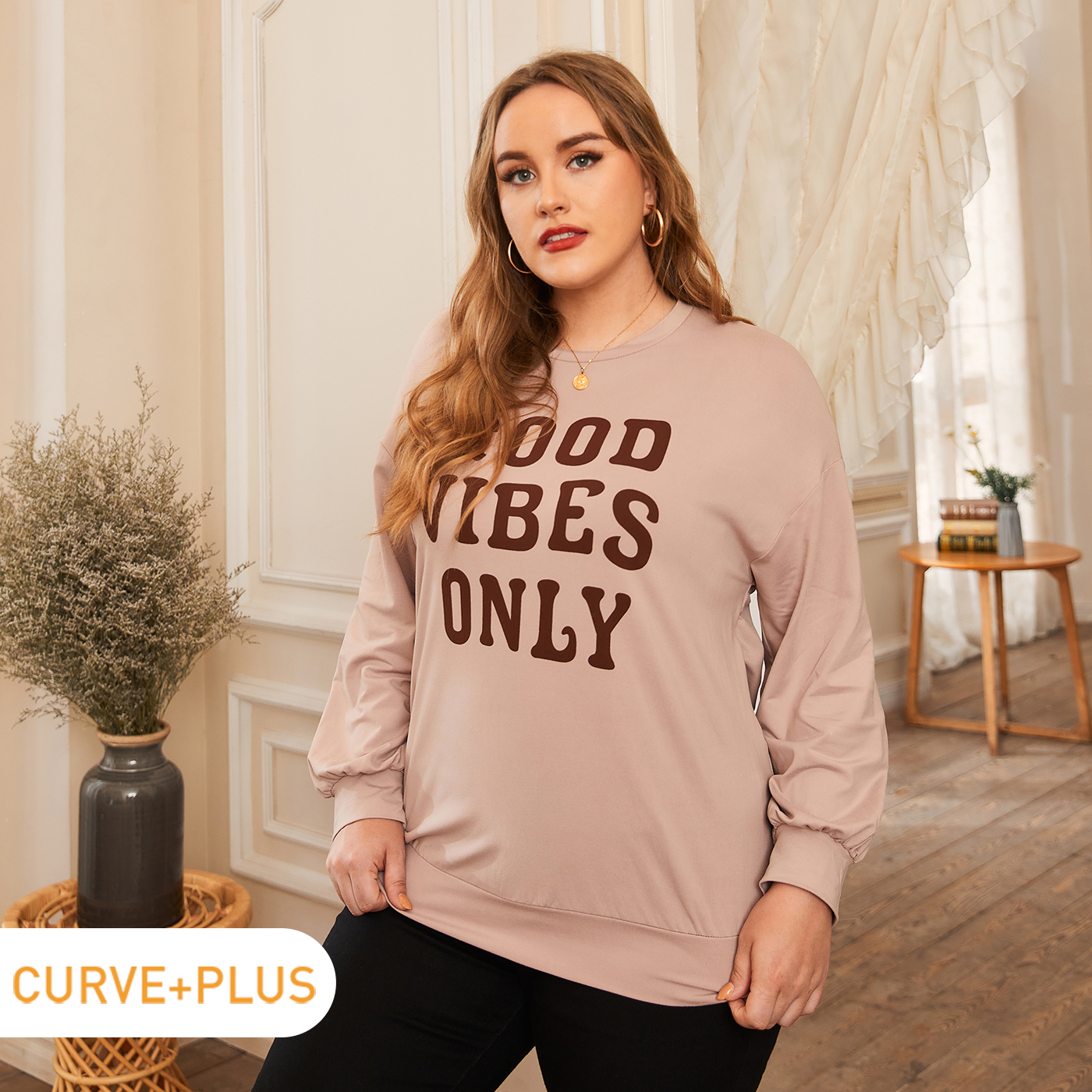 Women Plus Size Sporty Letter Print Pullover Sweatshirt
