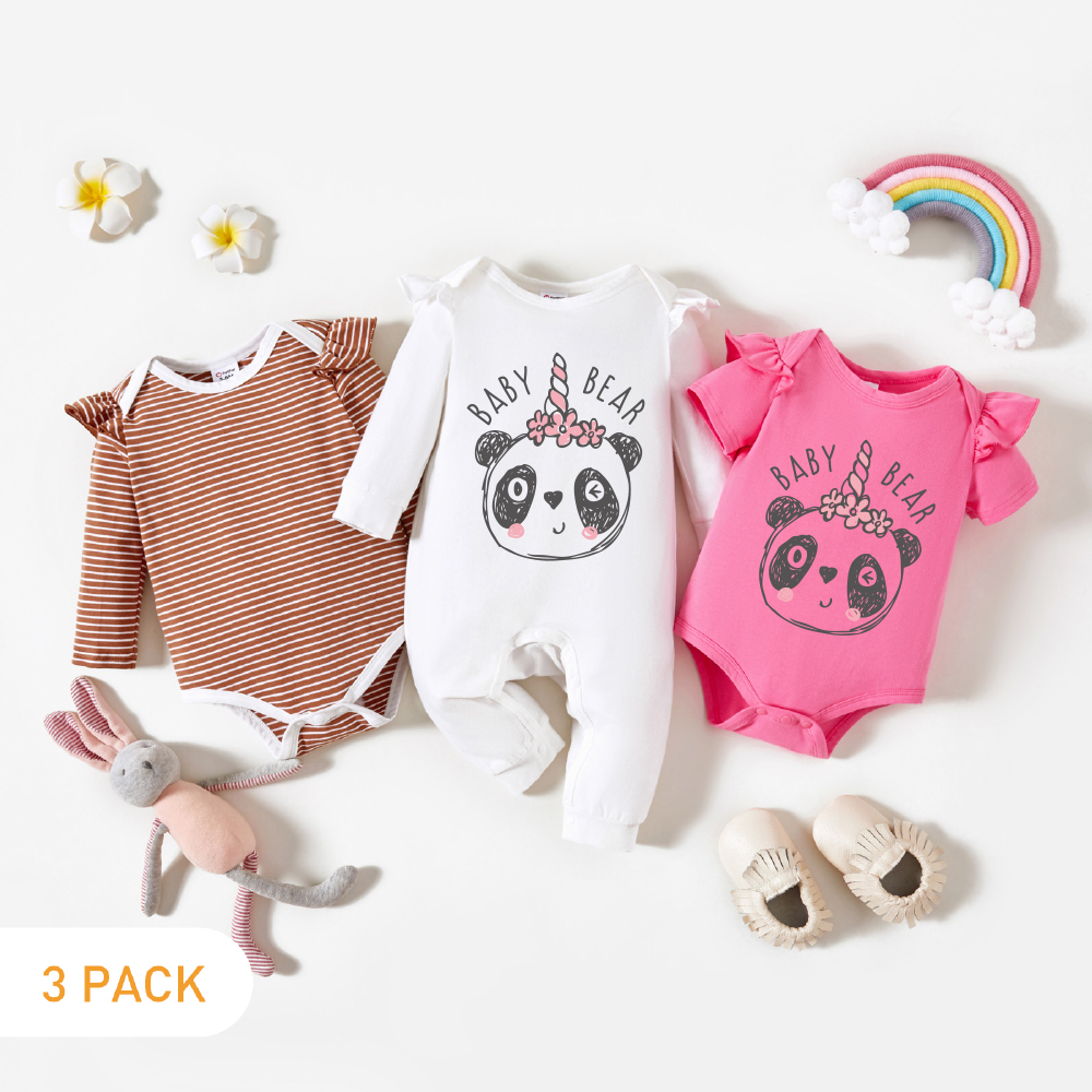 3-Pack Baby Girl Graphic Letter and Panda Print Striped Ruffled Romper Jumpsuit Set
3-Pack Baby Girl Graphic Letter and Panda Print Striped Ruffled Romper Jumpsuit Set