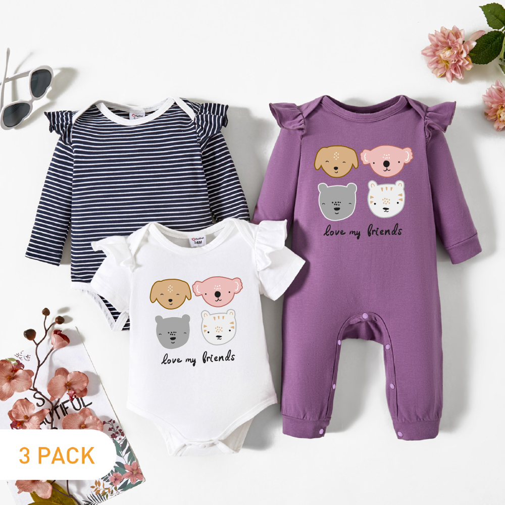 3-Pack Baby Girl Graphic Animal and Letter Print Striped Ruffled Romper Jumpsuit Set
3-Pack Baby Girl Graphic Animal and Letter Print Striped Ruffled Romper Jumpsuit Set