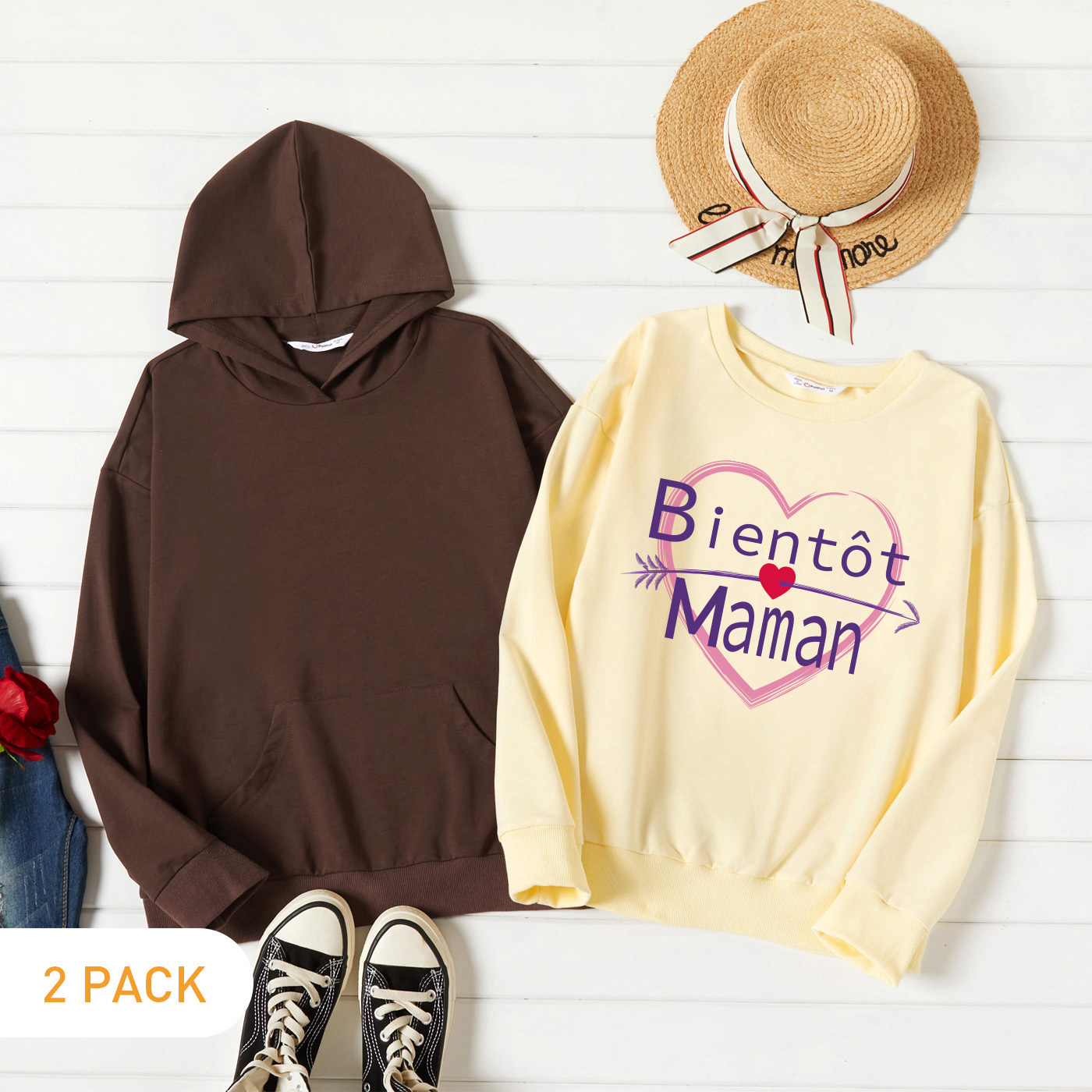 2-Pack Women Graphic Letter and Heart-shaped Print Long-sleeve Pullover & Hooded Pullover Set
2-Pack Women Graphic Letter and Heart-shaped Print Long-sleeve Pullover & Hooded Pullover Set