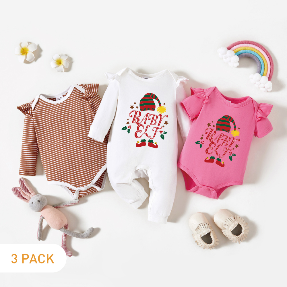 Christmas 3-Pack Baby Girl Graphic Elf and Stars and Letter Print Striped Ruffled Romper Jumpsuit Set
Christmas 3-Pack Baby Girl Graphic Elf and Stars and Letter Print Striped Ruffled Romper Jumpsuit Set