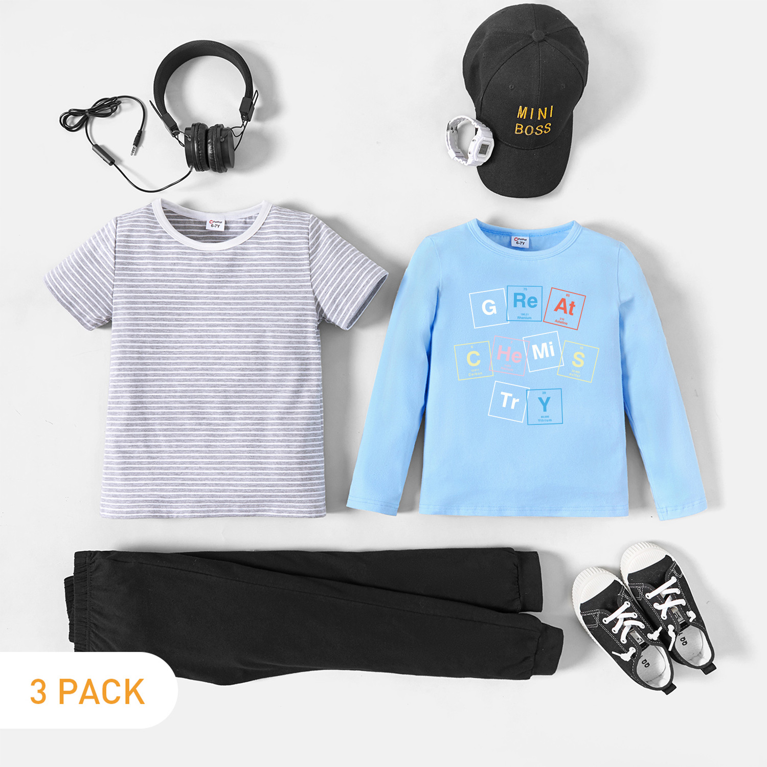 3-Pack Kids Graphic Elements Table and Letter Print Long-sleeve Tee & Striped Short-sleeve Tee & Pants Set
3-Pack Kids Graphic Elements Table and Letter Print Long-sleeve Tee & Striped Short-sleeve Tee & Pants Set