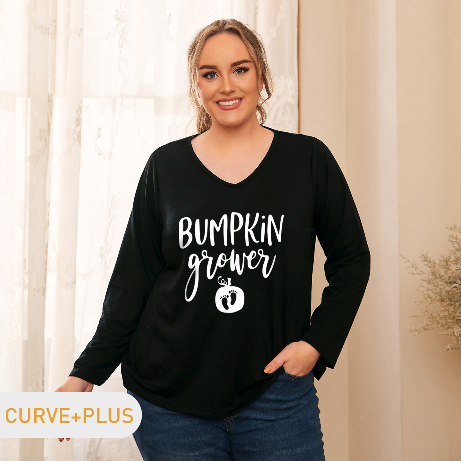 Halloween Women Plus Size Graphic Letter and Pumpkin and Footprint Print V Neck Long-sleeve Tee
Halloween Women Plus Size Graphic Letter and Pumpkin and Footprint Print V Neck Long-sleeve Tee