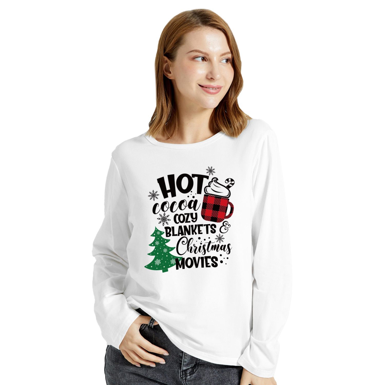 Christmas Women Graphic Letter and Christmas Tree and Snowflake Print Round-collar Long-sleeve Tee
Christmas Women Graphic Letter and Christmas Tree and Snowflake Print Round-collar Long-sleeve Tee