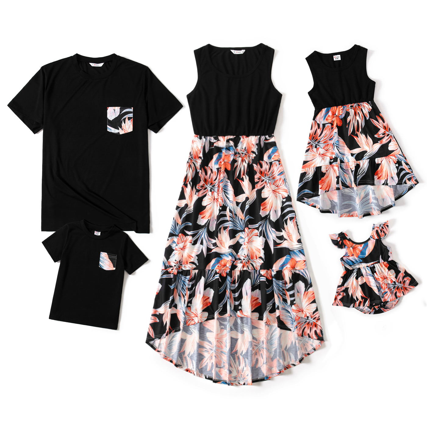 Family Matching Black Splicing Floral Print Irregular Hem Sleeveless Dresses and Short-sleeve T-shirts Sets
Family Matching Black Splicing Floral Print Irregular Hem Sleeveless Dresses and Short-sleeve T-shirts Sets