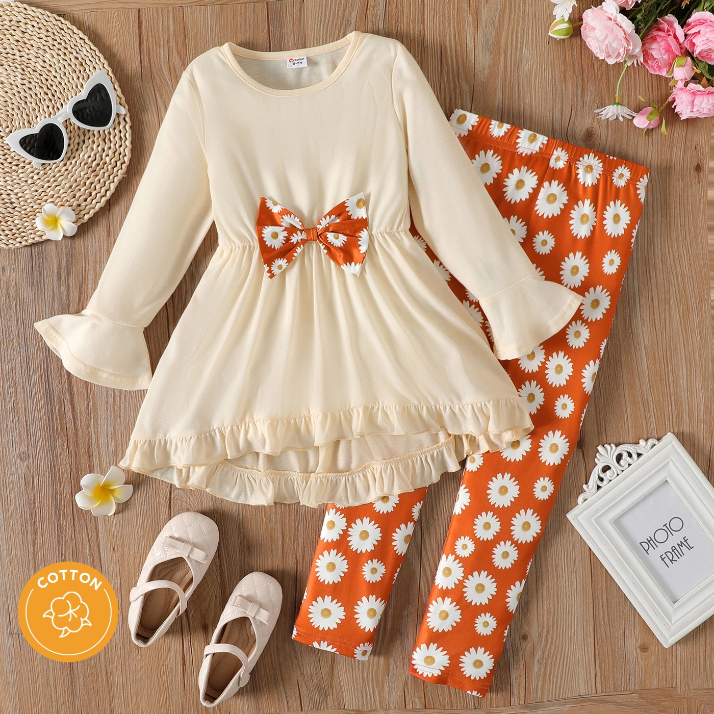 2pcs Kid Girl Bowknot Design Ruffled High Low Tee (100% Cotton) and Floral Print Leggings Set
2pcs Kid Girl Bowknot Design Ruffled High Low Tee (100% Cotton) and Floral Print Leggings Set