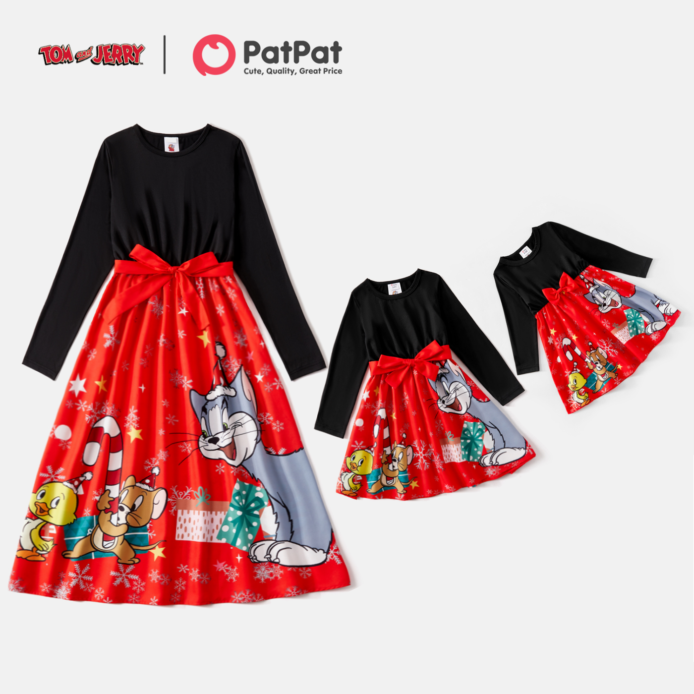 Tom and Jerry Solid Long-sleeve Spliced Christmas Cartoon Print Belted Dress for Mom and Me