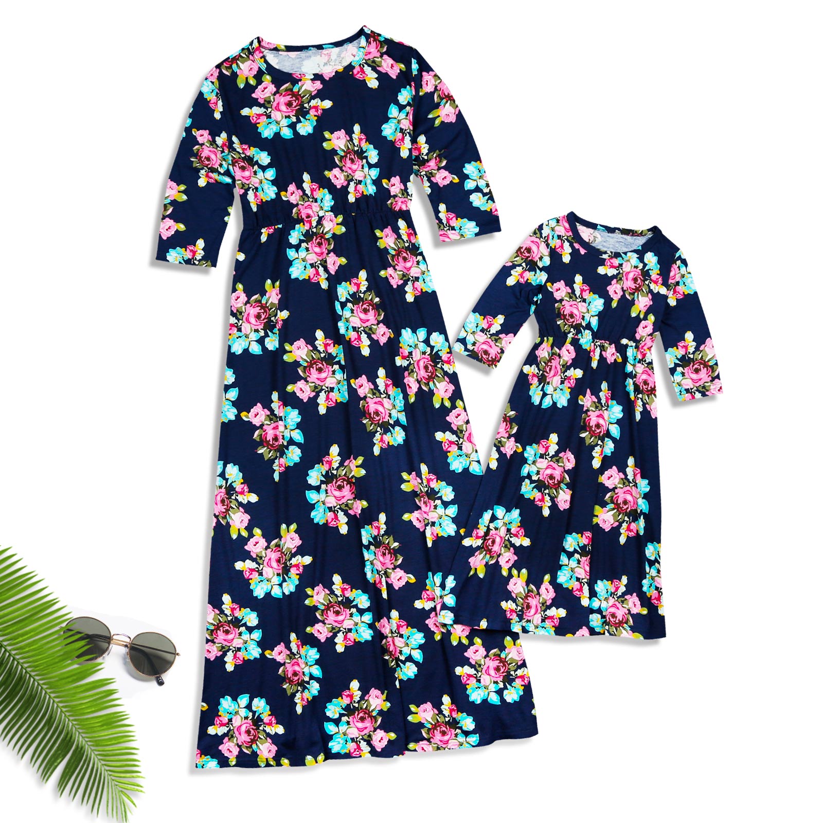 Mommy and Me Trendy Floral Maxi Dress in Dark Blue â Platonic Media