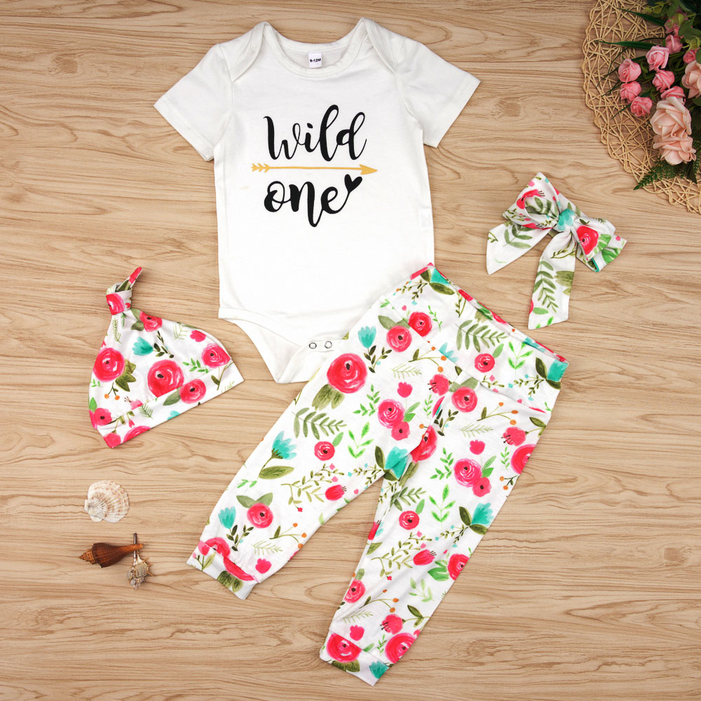 4-piece ' Wild one ' Bodysuit and Floral Print Pants, Headband, Hat Set for Baby Girl
4-piece ' Wild one ' Bodysuit and Floral Print Pants, Headband, Hat Set for Baby Girl