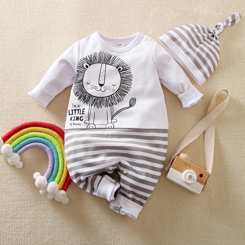 2pcs Baby Cartoon Lion and Letter Print Splicing Striped White Long-sleeve Jumpsuit Set
2pcs Baby Cartoon Lion and Letter Print Splicing Striped White Long-sleeve Jumpsuit Set