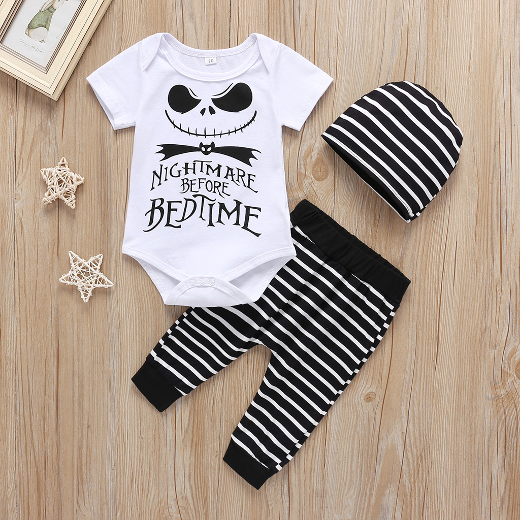 3-piece Baby Boy Halloween Letter Print Bodysuit and Striped Pants with Hat Set
3-piece Baby Boy Halloween Letter Print Bodysuit and Striped Pants with Hat Set