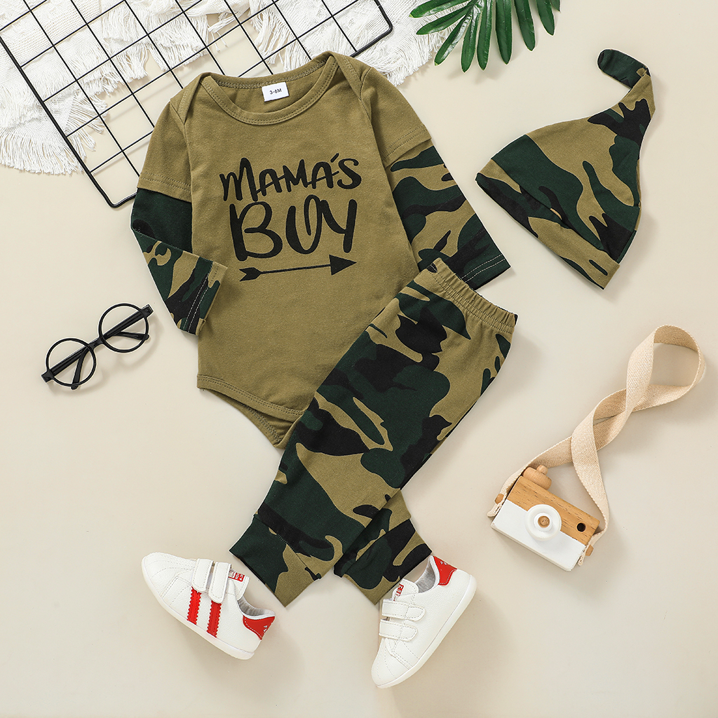 3pcs Baby Letter Print Army Green Camouflage Long-sleeve Cotton Romper and Pants Set
3pcs Baby Letter Print Army Green Camouflage Long-sleeve Cotton Romper and Pants Set