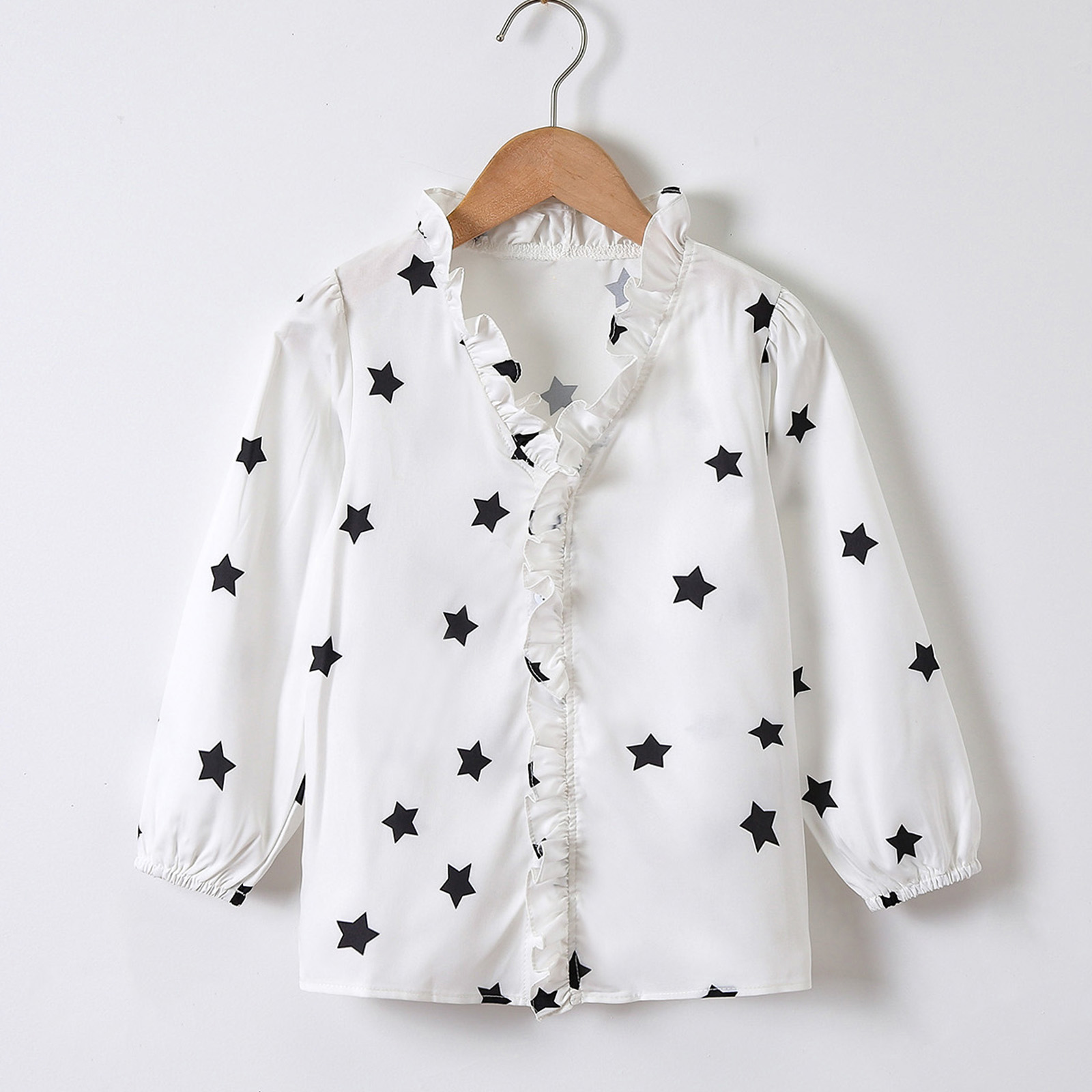 Kid Girl Stars Print Ruffle Trim Long-sleeve White Blouse