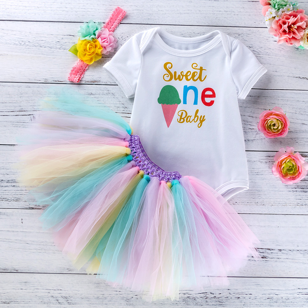 3-piece SWEET ONE BABY ICE-CREAM Print Bodysuit, Candy Color Mesh Dress and Headband
3-piece SWEET ONE BABY ICE-CREAM Print Bodysuit, Candy Color Mesh Dress and Headband