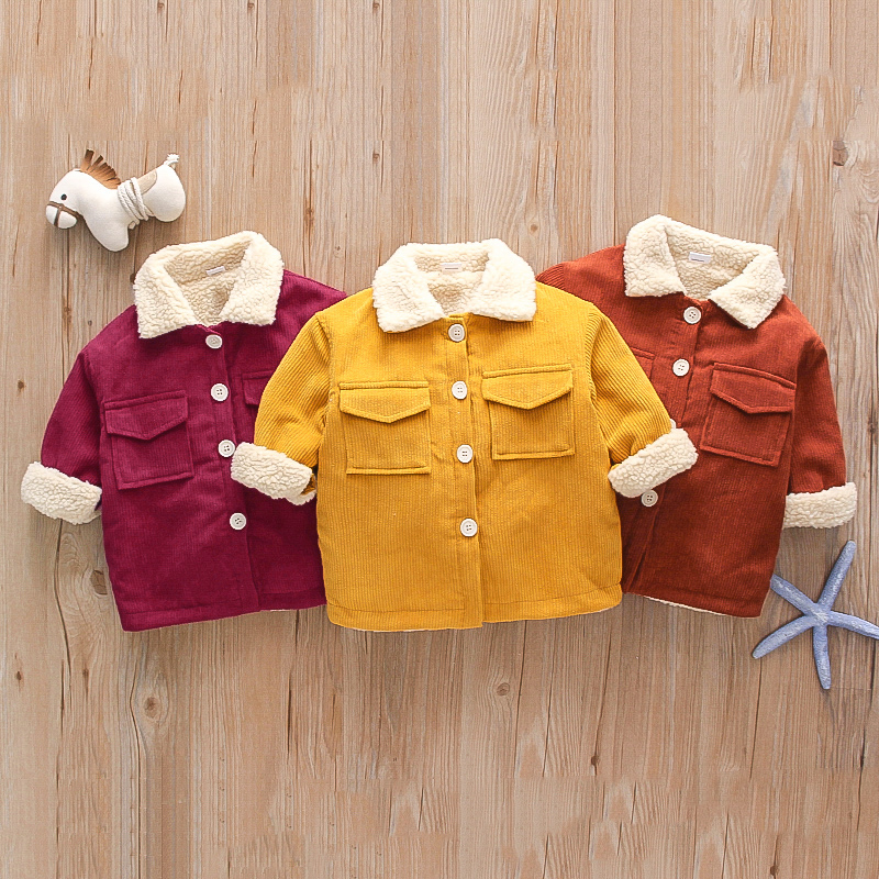 Toddler Girl Lapel Collar Button Design Fuzzy Fleece Lined Corduroy Coat