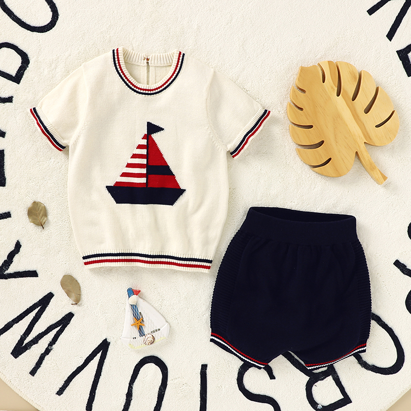 100% Cotton 2pcs Boat Pattern Short-sleeve Knitted Baby Set