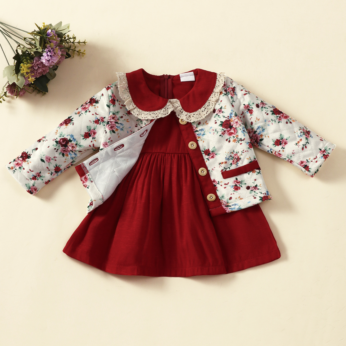 100% Cotton 2pcs Baby Girl Floral Print Long-sleeve Cardigan Top and Doll Collar Dress Set
100% Cotton 2pcs Baby Girl Floral Print Long-sleeve Cardigan Top and Doll Collar Dress Set