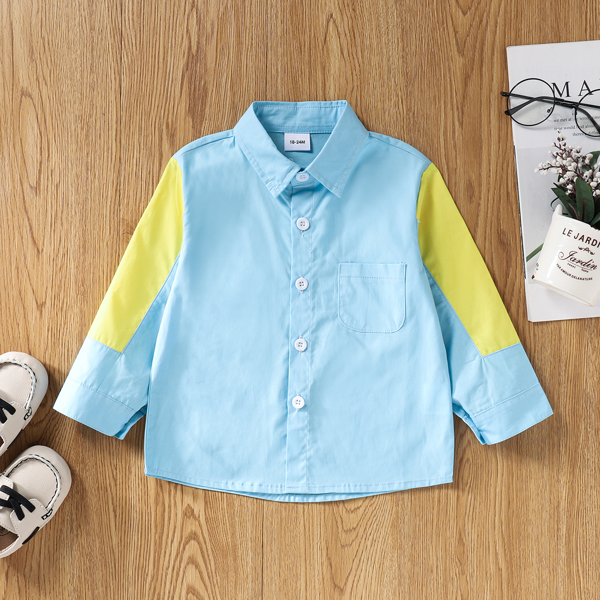 Toddler Boy 100% Cotton Colorblock Button Down Shirt with Pocket
