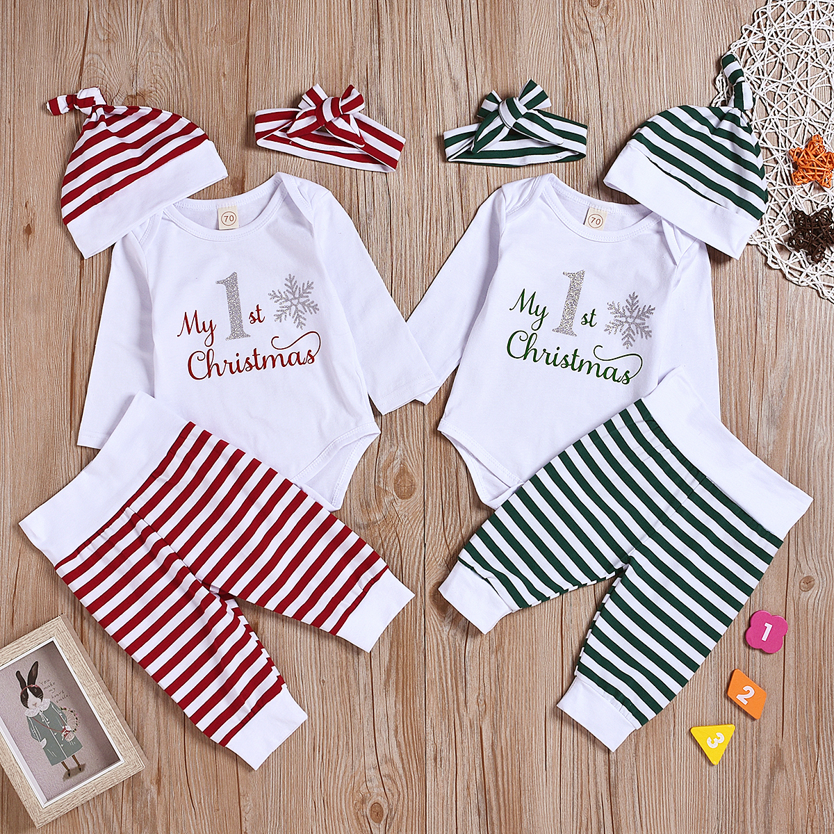4-piece Baby Girl MY FIRST CHRISTMAS Print Bodysuit, Striped Pants and Hat with Headband Set
4-piece Baby Girl MY FIRST CHRISTMAS Print Bodysuit, Striped Pants and Hat with Headband Set