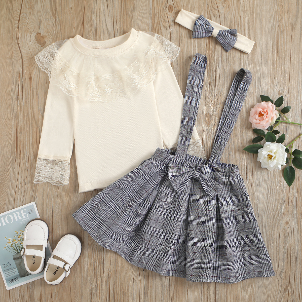 2-piece Toddler Girl Lace Ruffle Collar Long-sleeve Top and Plaid Bow Suspender Skirt Set
2-piece Toddler Girl Lace Ruffle Collar Long-sleeve Top and Plaid Bow Suspender Skirt Set