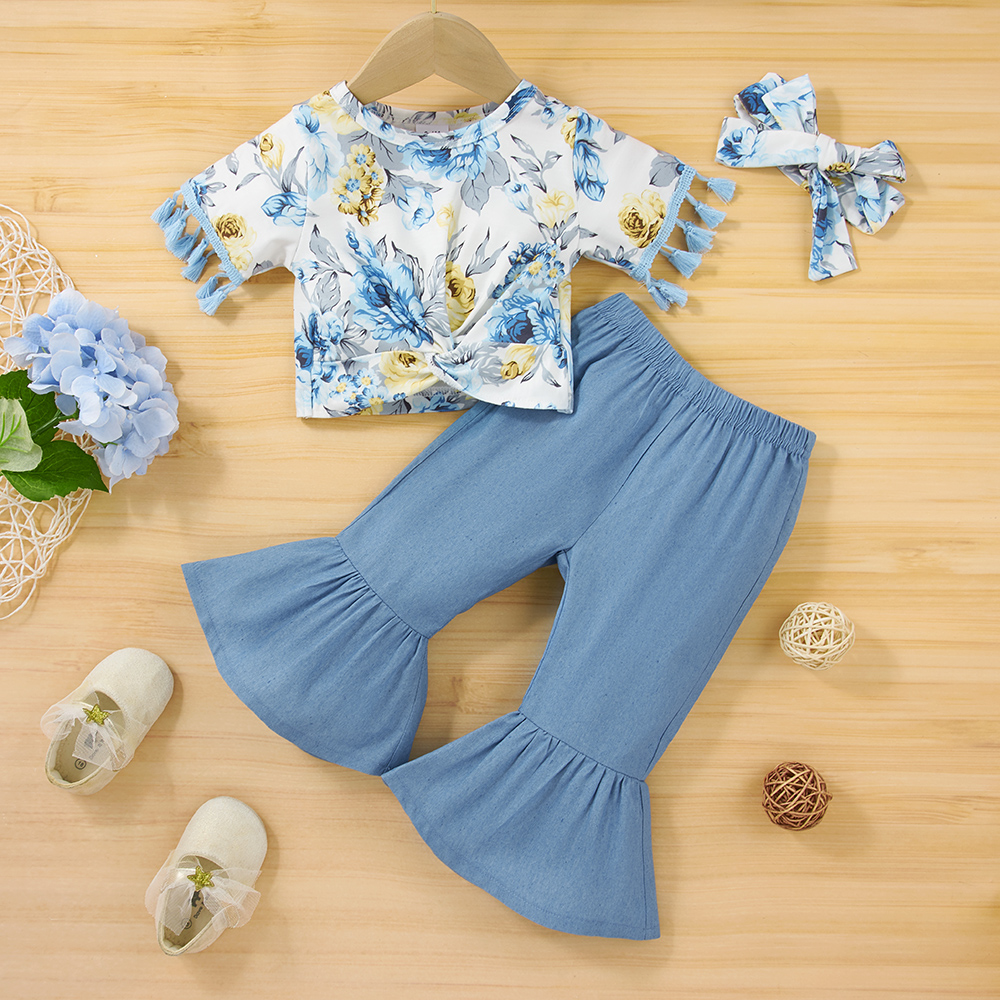 2pcs Floral Print Tasseled Short-sleeve Blue Baby Set