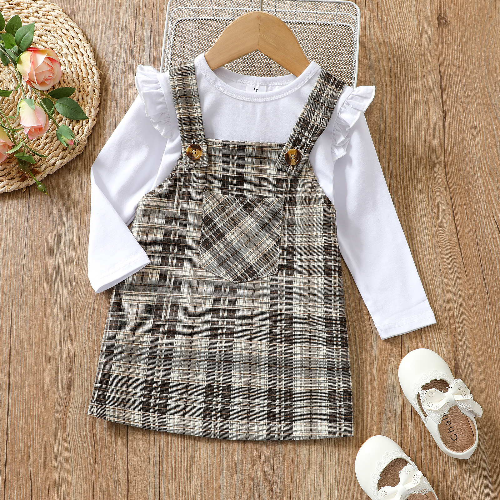 

2-piece Toddler Girl Ruffled Long-sleeve White Top and Button Design Plaid Overalls Dress Set