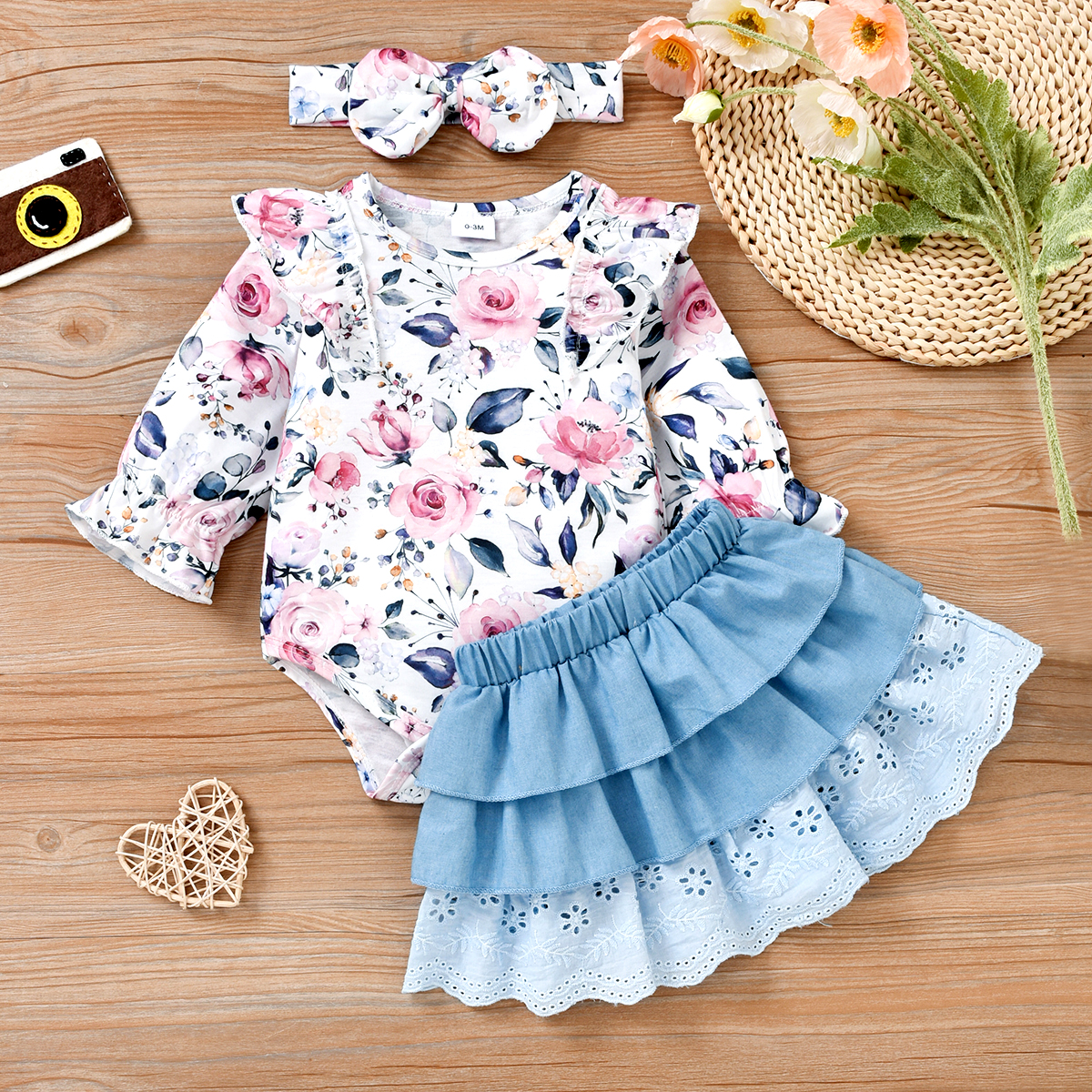 3pcs Baby Girl Floral Print Long-sleeve Ruffle Romper and Layered Denim Skirt Skirt Set
3pcs Baby Girl Floral Print Long-sleeve Ruffle Romper and Layered Denim Skirt Skirt Set