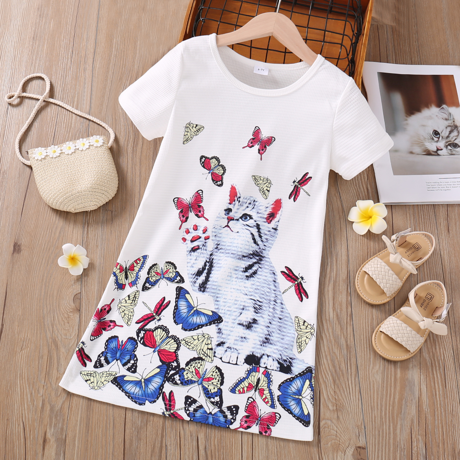 Kid Girl Animal Cat Butterfly Print Short-sleeve White Dress