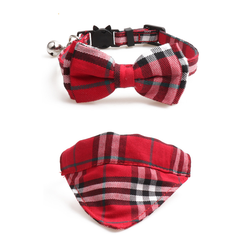 Pet Collar British Plaid Set, Bow Triangle Bandana Cat Strap